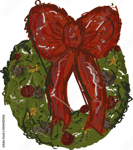 Christmas wreath with red bow in vintage style