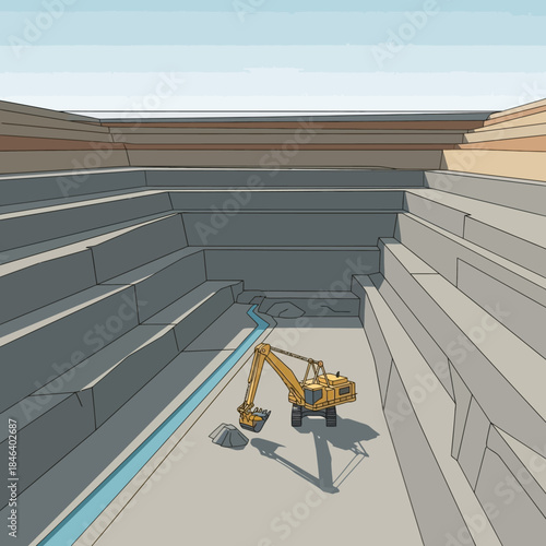 Yellow excavator working in a large open pit mine construction site.
