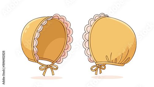 Delicate bonnet duo: Vintage-inspired baby headwear with scalloped trim illustrations and a timeless appeal created with gentle colors