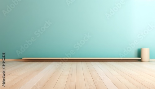 Minimalist interior design with a light wood floor and a calming blue wall creating a serene atmosphere for relaxation