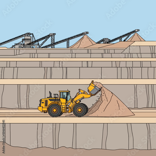 Yellow front loader machine digging and moving sand at a construction site.