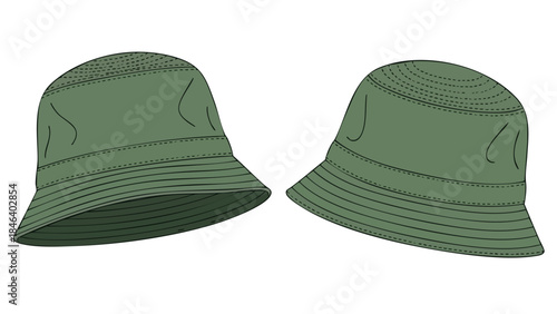Illustrative depiction of two olive green bucket hats, ideal for fashion design references and product mockups displaying modern, casual headwear,