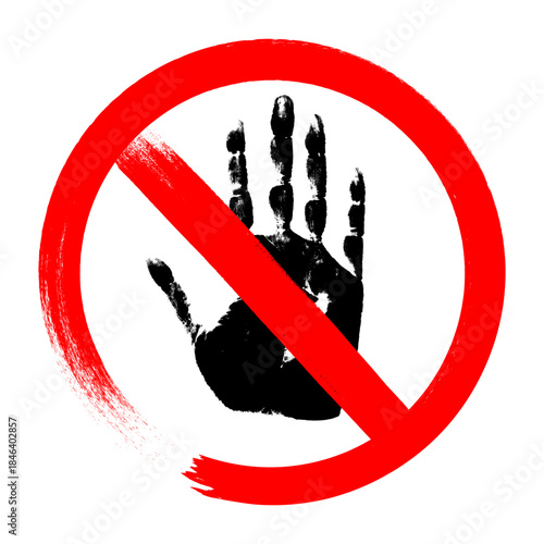 Prohibition hand sign in striking red warns against unauthorized entry. Clear stop symbol communicates danger, restricted access, and forbidden touch zones effectively.