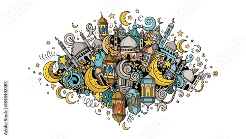 Islamic Festive Illustration: a whimsical illustration composed of Islamic architecture, crescent moons, stars, and lanterns, creating a vibrant and festive scene.