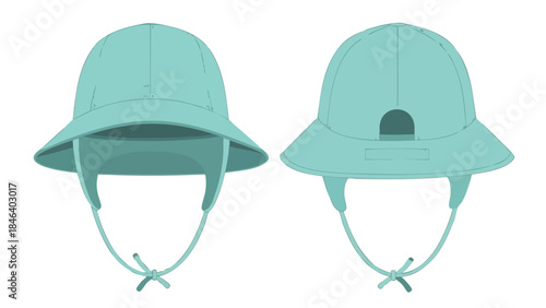 Aqua Protective Bucket Hats Front and Rear Views with Adjustable Straps for Sun Protection and a Minimalist Design Depiction
