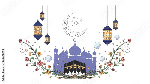 Spiritual illustration for Islamic holy place: A sacred sanctuary of faith and serenity, where the moon and stars softly illuminate the pathway to the heart.