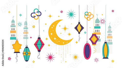 Festive Lanterns and Crescent Moon: Colorful lanterns and a crescent moon decorate a scene evoking celebration. These images bring warmth and joy to the occasion.