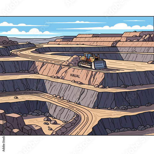 Bulldozer working in a large open pit mine moving earth.