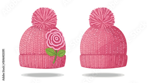 Charming pair of pink knitted hats with pom-poms and rose embellishments for winter warmth and cozy fashion statement accessory style