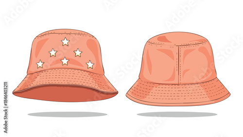 Pair of peach bucket hats with one adorned with star accents for a playful aesthetic and stylish headwear accessories summer or festival fashion item