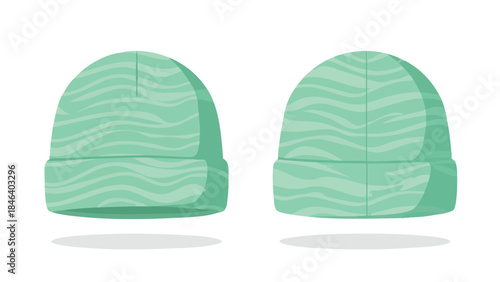 Two stylized mint green knit caps showcase trendy headwear fashion, perfect for illustrating seasonal style and casual apparel collection displays