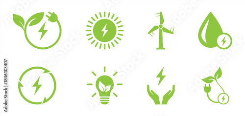 Green Energy and Renewable Power Icons Set with Solar, Wind, Electricity, and Eco Sustainability Symbols