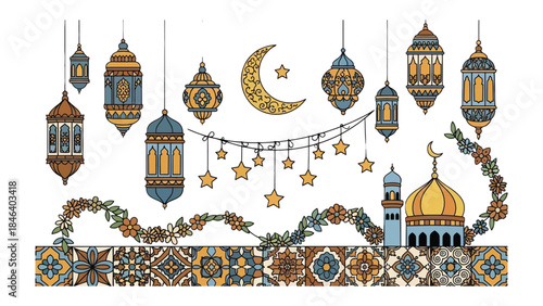 Eid Decorations: Exquisite Eid lanterns and a crescent moon with stars, forming a beautiful holiday decoration display, symbolizing the spirit of togetherness and joy.