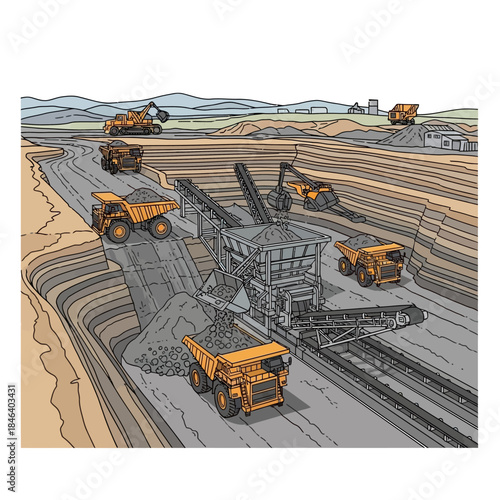 Coal mining operation with heavy machinery and trucks.