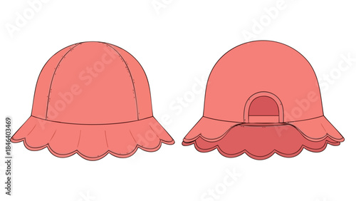 Conceptual rendering showcasing a stylish rosewater sun hat with a delicate scalloped brim design, presented in both front and rear perspectives for