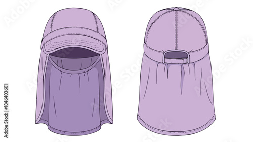 Technical illustration of a lilac legionnaire cap featuring detailed stitching and design elements showcasing front and back views with distinct