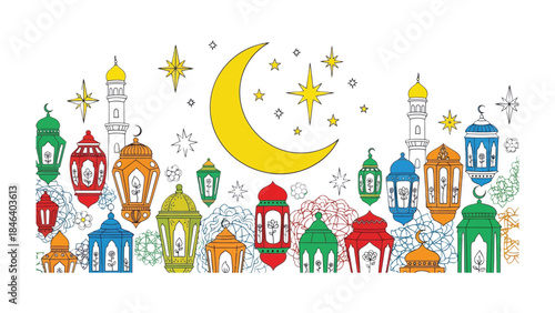 Enlightened Festive Gathering: A vibrant composition of colorful lanterns and celestial symbols, creating a festive atmosphere. A scene filled with harmony and joy.