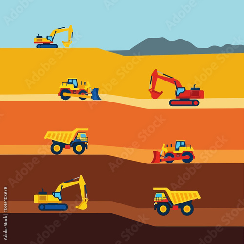 Heavy Construction Equipment Working in a Mine Site.