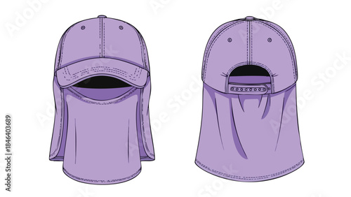 Lilac sun protection cap illustration showcasing front and rear views for outdoor activities and defense against sun exposure