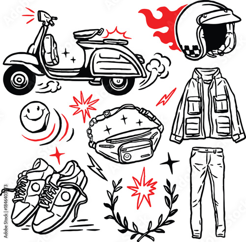 Retro scooter and urban style gear icons in bold line style, featuring helmet, jacket, sneakers, crossbody bag, and laurel.