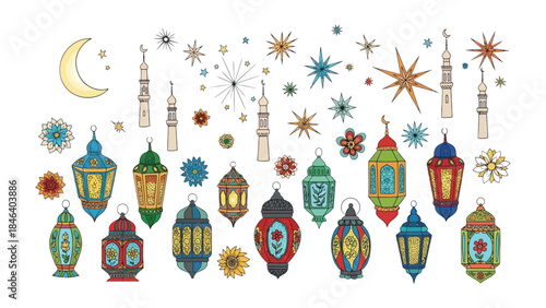 Ramadan Lanterns: A vibrant array of ornate lanterns, moon and stars are illuminated against a plain background, celebrating the spirit of Ramadan.