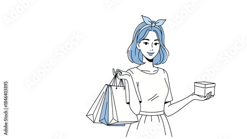 A smiling young woman with a blue headband holding shopping bags and a gift box, enjoying a day of retail therapy.