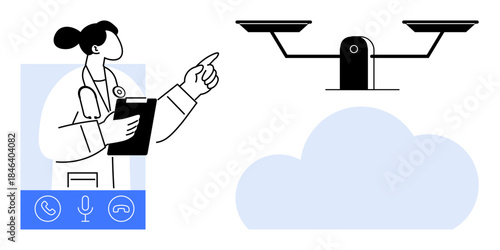 Telehealth, medical services, digital communication, ethics, online diagnosis, cloud technology. A doctor pointing to a balance scale with a cloud backdrop. Telehealth and ethics-based medicine