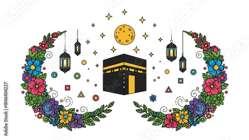 Floral Kaaba Illustration: A vibrant illustration depicts the sacred Kaaba in Mecca, surrounded by colorful floral arrangements, lanterns, and celestial elements, symbolizing devotion and peace.