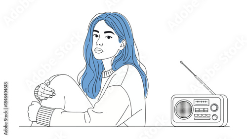 Line art illustration of a young woman with blue hair sitting next to a vintage radio, depicting a moment of contemplation or listening.