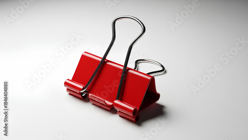 Close-up of a vibrant red metal binder clip on a clean white background