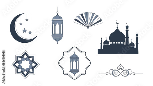 Islamic Iconography Set: A curated collection of elegant, stylized Islamic symbols and icons, including a crescent moon with stars, ornate lanterns, and a majestic mosque silhouette.