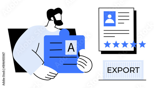 Person managing puzzle piece labeled A next to digital profile document with ratings and export button. Ideal for data organization, account management, digital identity, profile creation, user