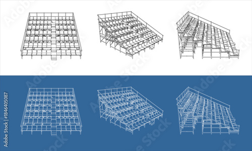 Multiview Orthographic Technical Drawing of Sports Stadium Bleachers Seating Structure on White and Blueprint Background