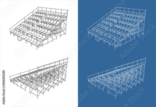 Isometric Wireframe Technical Drawing of Bleachers Seating Structure from Different Perspective
