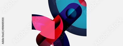 Abstract shapes overlap, creating dynamic composition. Colors include pink, blue, red, dark shades. Minimalist design, modern aesthetic.