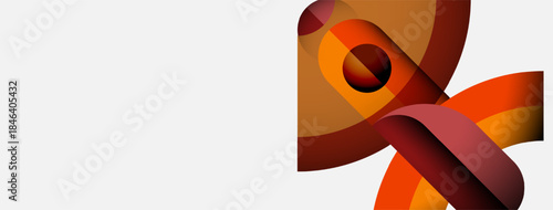 Abstract design features flowing ribbons, warm colors, central sphere. Modern aesthetic, minimalist composition, dynamic form.