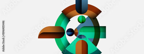 Abstract geometric shapes form bird illustration. Teal, orange, navy dominate composition. Minimalist design, clean lines present modern aesthetic.