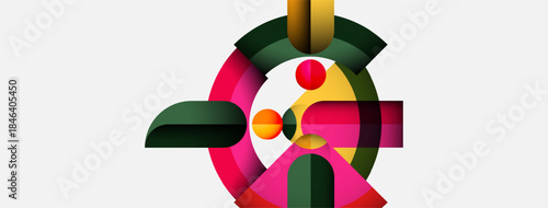Abstract geometric composition. Circles, segments, vibrant colors create dynamic visual harmony. Modern design, clean lines, minimalist aesthetic.