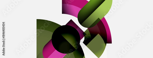 Abstract composition features overlapping curved shapes. Pink, green, black hues blend, creating dynamic visual effect. Minimalist design.