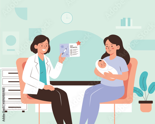 Flat vector illustration of a pediatrician discussing a baby's vaccination record with a mother holding her infant. Friendly healthcare scene for immunization and child health topics.