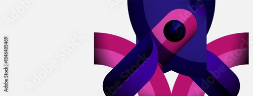 Abstract design features flowing purple, pink shapes. Modern, minimalist aesthetic with gradient effects. Clean composition, vibrant colors.
