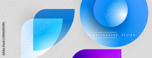 Abstract geometric shapes overlap. Blue, purple gradients create modern design. Light gray background provides contrast, clean aesthetic.