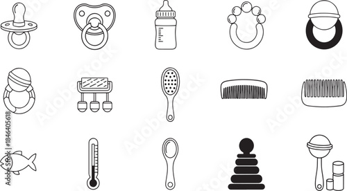 Collection of black and white line art icons depicting various baby items and toys, including pacifiers, bottles, rattles, brushes, combs, and a thermometer.