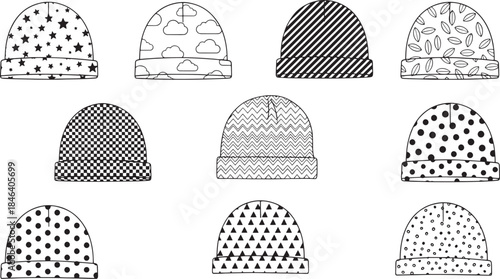 Collection of nine black and white line art beanie hats with various patterns.