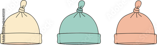 Three pastel-colored baby hats with knotted tops, perfect for newborns and infants.