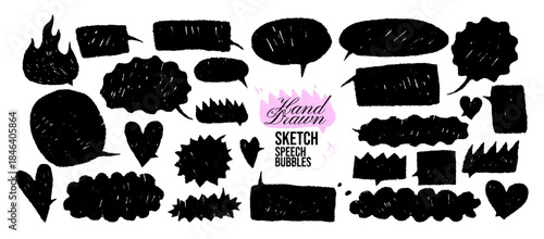 Black crayon drawn sketch speech bubble set. Punk comic heart, flame, cloud shapes with rough black chalk pen texture for text emphasis and highlighting. Funky freehand talk balloon text boxes.