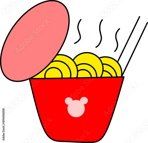 Steaming Instant Noodles in a Red Cup with Chopsticks