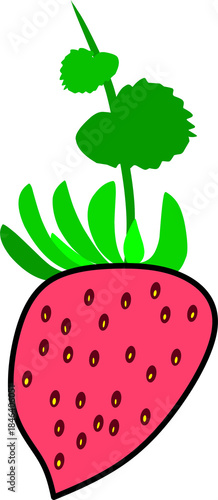 Cartoon Strawberry with Green Stem and Leaves