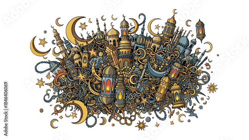 Artistic Ramadan Illustration: A vibrant artistic depiction of Ramadan elements, including crescent moons, lanterns, minarets, and intricate architectural details.