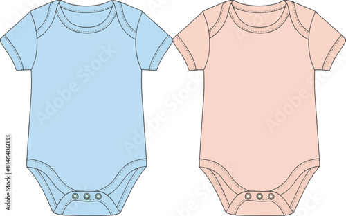 Two plain short-sleeved baby bodysuits in blue and pink, featuring snap closures for easy changing, ideal for infants.
